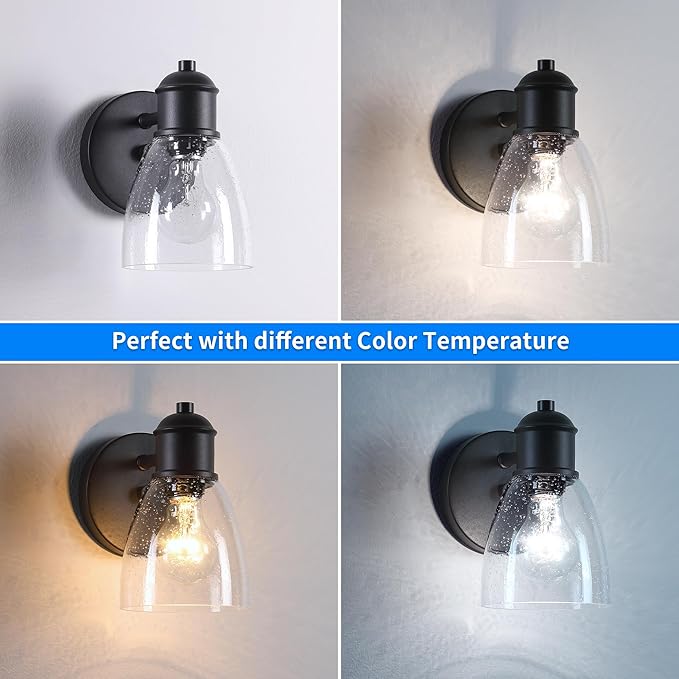 Black Wall Sconce Set ot Two, Hardwired Wall Lights for Bedroom, Modern Indoor Wall Light Fixtures with Seeded Glass for Bathroom Beside Mirror Living Room Hallway Kitchen