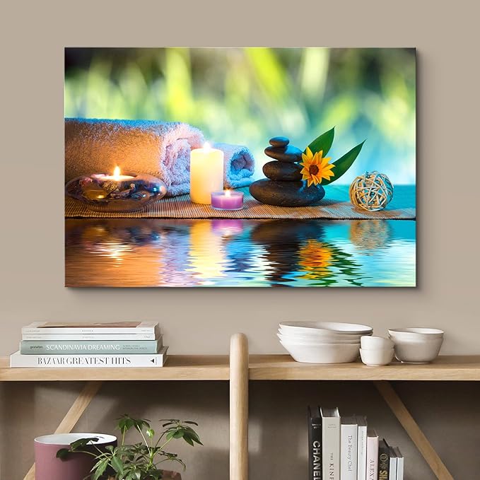 wall26 Canvas Print Wall Art Candles and Towels with Black Zen Stones and Orange Daisy Nature Floral Photography Realism Rustic Colorful Multicolor Ultra for Living Room, Bedroom, Office - 32"x48"