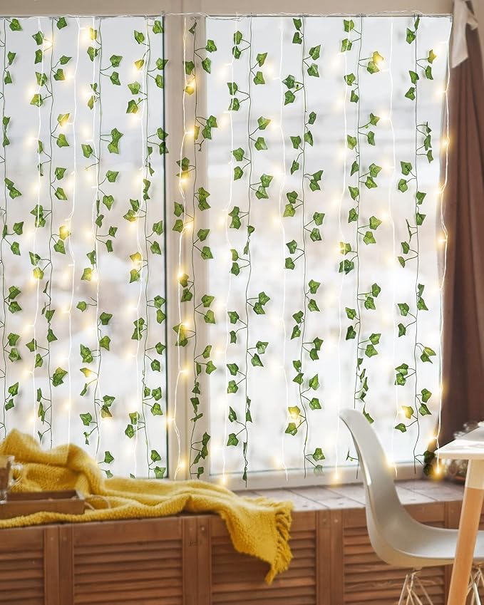 JACKYLED 84Ft 12 Pack Artificial Ivy Garland Fake Plants with 240 LED Curtain Lights USB Plug in/Battery Operated, 8 Modes Fairy String Light with Remote Control, for Bedroom Wall Decorations