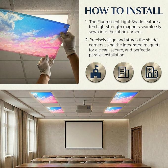 Fluorescent Light Covers for Ceiling Lights -Magnetic Cloud Cover for Fluorescent Or LED Fixture 2ft x 4ft Classroom,Home,Office Decoration Filters Overhead Lighting- Pink clouds