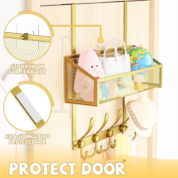 Over The Door Hooks Organizer, Coat Rack Over The Door Storage Hanger Towel Rack, Back of Door Storage Organizer for Bathroom,Bedroom,Kitchen,Office (Gold, 2-Tier)