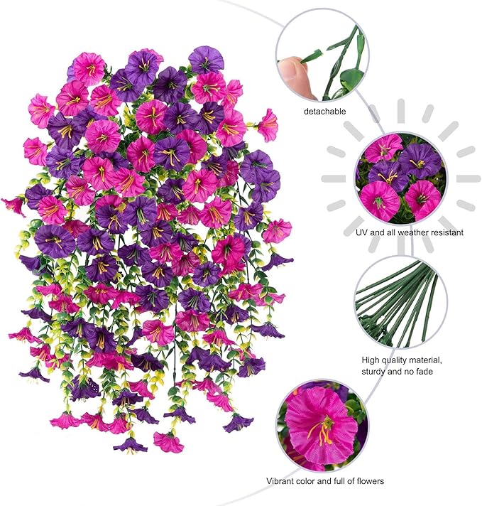 6-Pack Outdoor Faux Plants, 69-Flowered Large Morning Glory, Uv-Resistant Artificial Morning Glory,Perfect for Outdoor Decoration in All Seasons Such as Porches and Gardens (Purple + Light Purple)