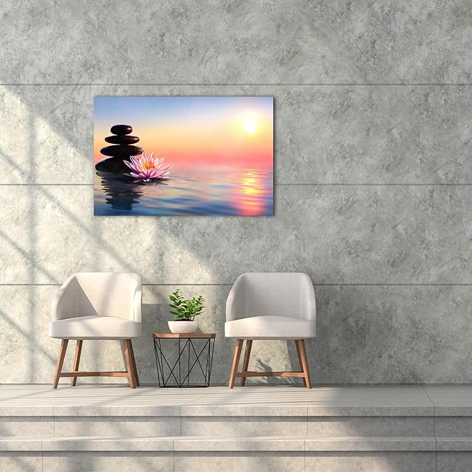 GUTTATY Zen Wall Art Decor, Modern Bathroom Zen Decor Wall Art, Canvas Wall Art for SPA Zen Room Decor, Pink Lotus Flower and Pebble Relaxing Zen Art Prints for Office & SPA Wall Decor 18x24 Inches