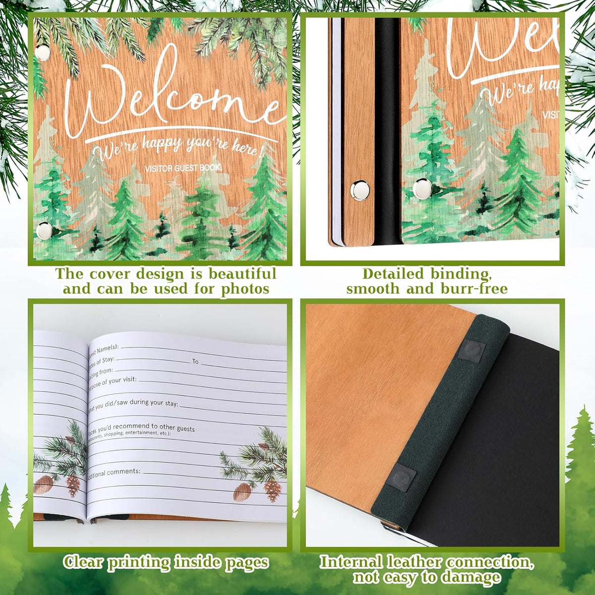 Welcome Guest Book Wood Cover Visitor Log Book Rustic Wedding Memory Scrapbook with Pen 8 x 6 Inches Neutral Pine Photo Album with 120 Pages for Vacation Home Wedding Office Reception