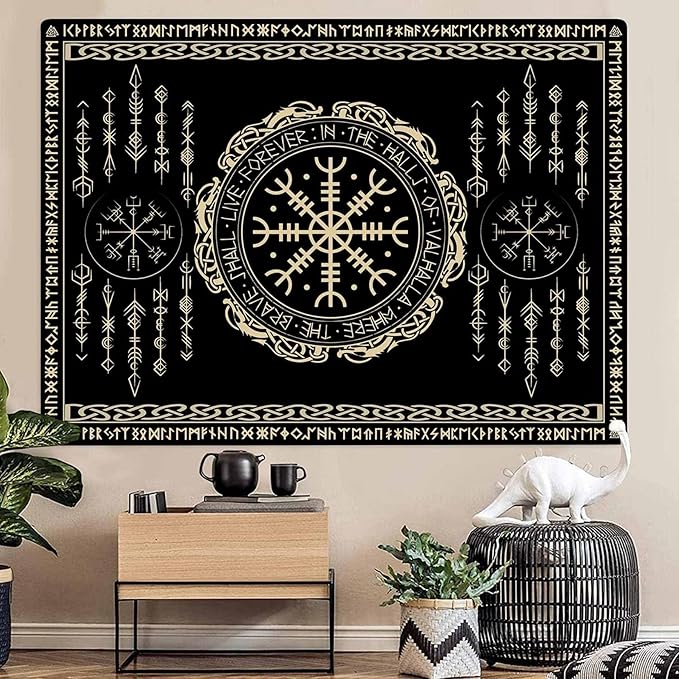 OSUNBD Nordic Vikings Tapestry Large 108x90inches Soft Flannel Vegvsir Symbol Amulet Celtic Rune Scandinavian Aesthetic Mythology Tapestry Wall Hanging for Bedroom Living Room Decor