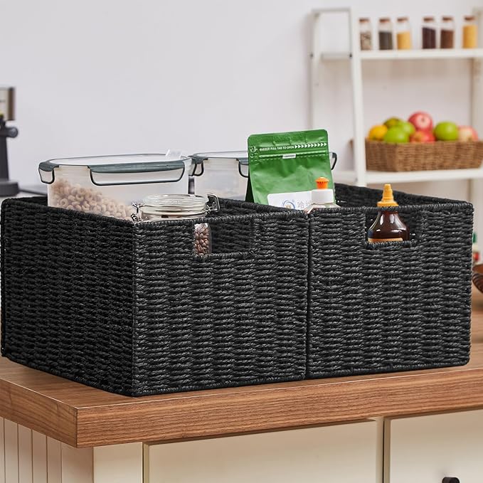 Vagusicc Wicker Storage Basket, Set of 2 Hand-Woven Paper Rope Wicker Basket, Small Storage Baskets for Organizing Toilet Paper Basket, Foldable Large Cube Storage Organizer Bins for Shelves (Black)