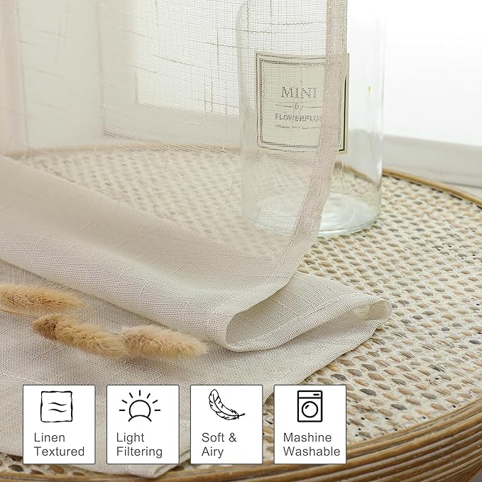 Aiyufeng Kirei Farmhouse Sheer Curtains Flax Textured for Living Room, Semi Sheer Vertical Drapes Privacy with Light Filter for Home Office/Farm House, W40 x L72, Linen, 1 Pair