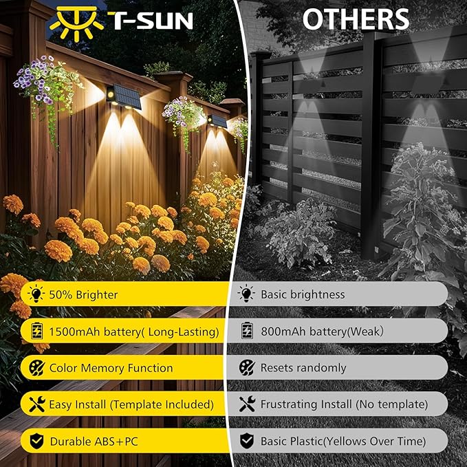 T-SUN Solar Fence Lights Waterproof LED Wall Lights Outdoor with 2 Bright Modes Warm White Solar Powered Dusk to Dawn Fence Light for Backyard Railing Patio Porch Pool 4 Pack