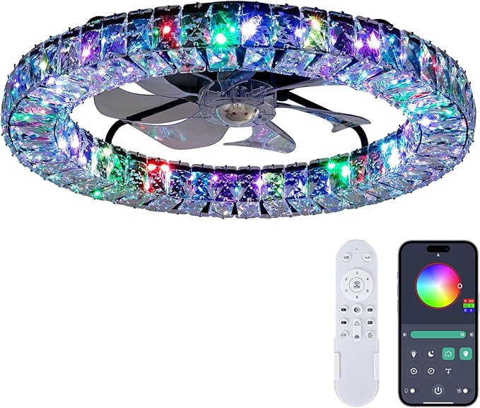 RGB Ceiling Fans with Lights, 22" Low Profile Ceiling Fan with Light,Smart Bladeless LED Fan Light with Remote/APP Control,Black Ceiling Fan for Bedroom