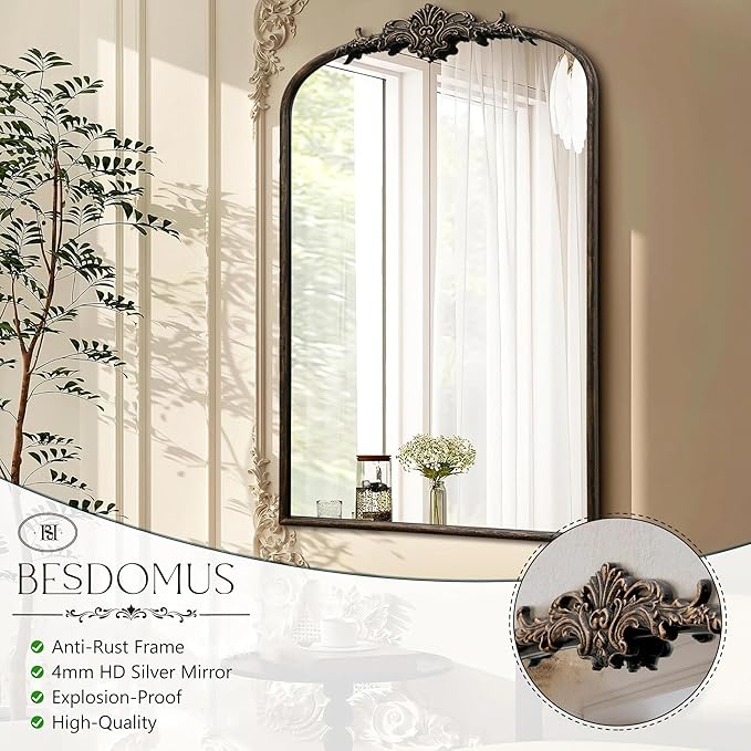 Besdomus Antique Large Arched Mirror: 24"x36" Arch Black Vintage Wall Mounted Mirror - Traditional Ornate Home Decor for Entryway/Fireplace/Bathroom/Bedroom - Idea for Young Couples