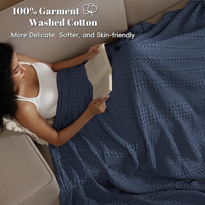 PHF 100% Cotton Waffle Weave Blanket Queen Size for Bed, Soft Lightweight & Breathable, All-Season Comfort, Luxury Aesthetic Woven Bedding for Home Decor, 90"x90", Indigo