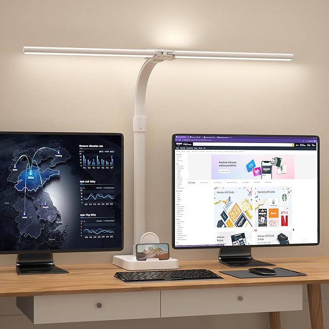 Led Desk Lamp for Home Office,24W Bright Eye-Caring Desk Light with Base,5 Brightness and 5 temperatures Dimmable Workbench Task Light, Adjustable Gooseneck Table Lamp for Monitor(White)