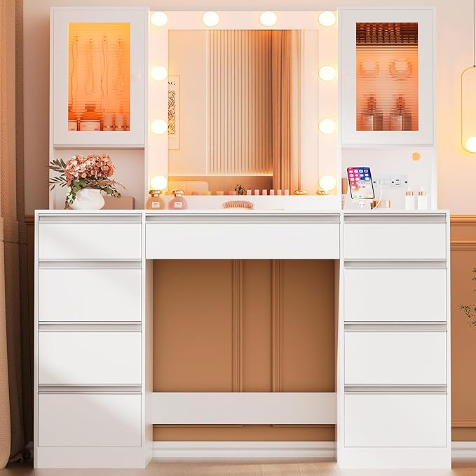 Vanity Desk with Mirror and Lights, 42.52" 9 Drawer Makeup Table with 2 RGB Lighting Cabinets and Power Outlet for Girls and Ladies Bedroom, White