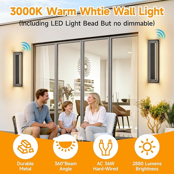 23.6 in Dusk to Dawn Exterior Lighting Fixtures,Black Modern Outdoor Wall Lights,3000K 36W Exterior Wall Sconce,Waterproof Outdoor Porch Lights Wall Mount,2-Tier Outside Garage Lights, 2 PCS