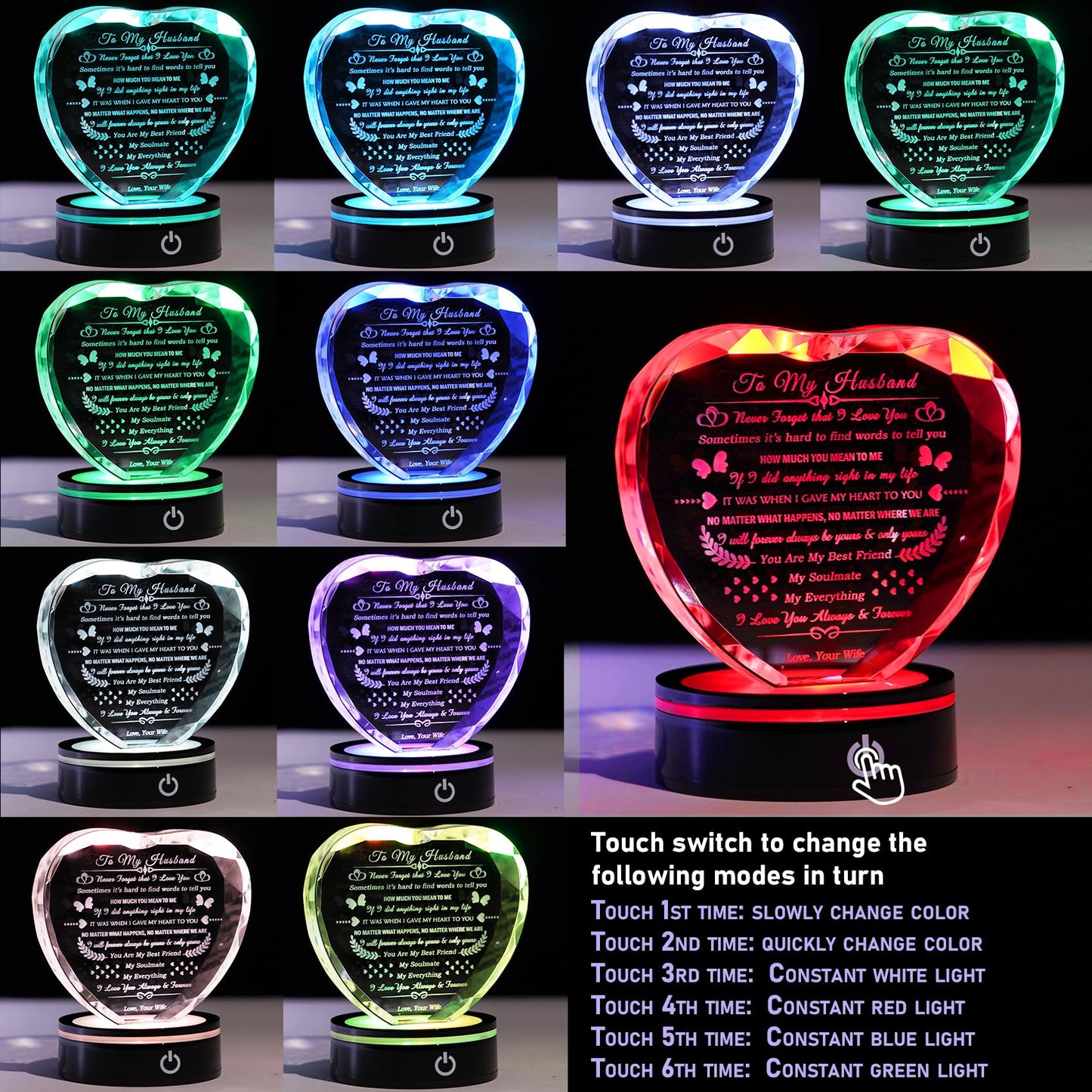 YWHL Gifts for Husband with Colorful Base I Love You Gifts for Him Best Anniversary Birthday Husband Gift Idea Romantic Crystal to My Husband Presents for Valentine's Day Christmas Fathers Day