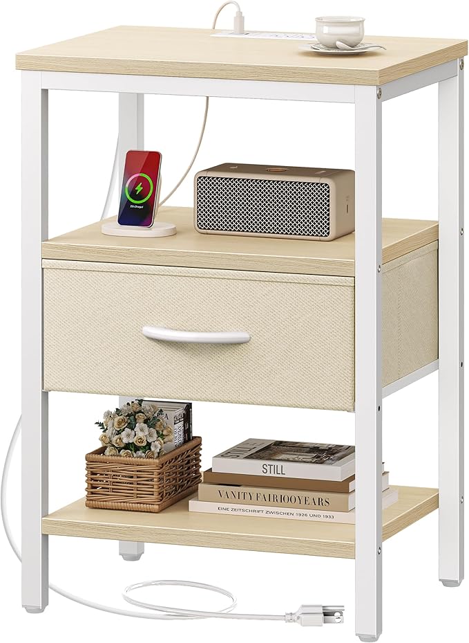 SUPERJARE Nightstand with Charging Station, Bed Side Table with Adjustable Fabric Drawer, Night Stand for Bedroom, 3-Tier Storage End Table, for Living Room, White Maple