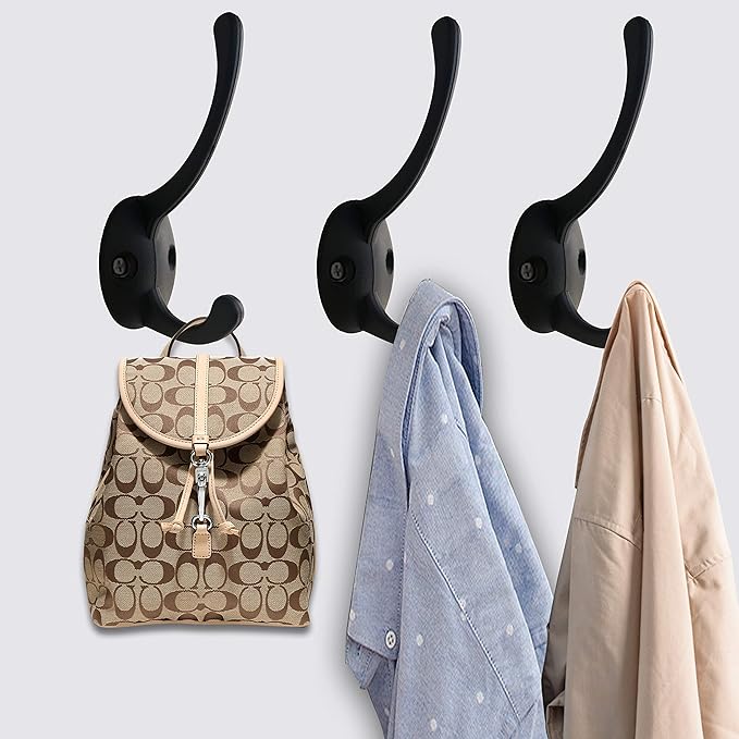 IBosins 12 Pack Black Coat Hooks Wall Mounted with 24 Screws Retro Double Hooks Utility Black Hooks for Coat, Scarf, Bag, Towel, Key, Cap, Cup, Hat