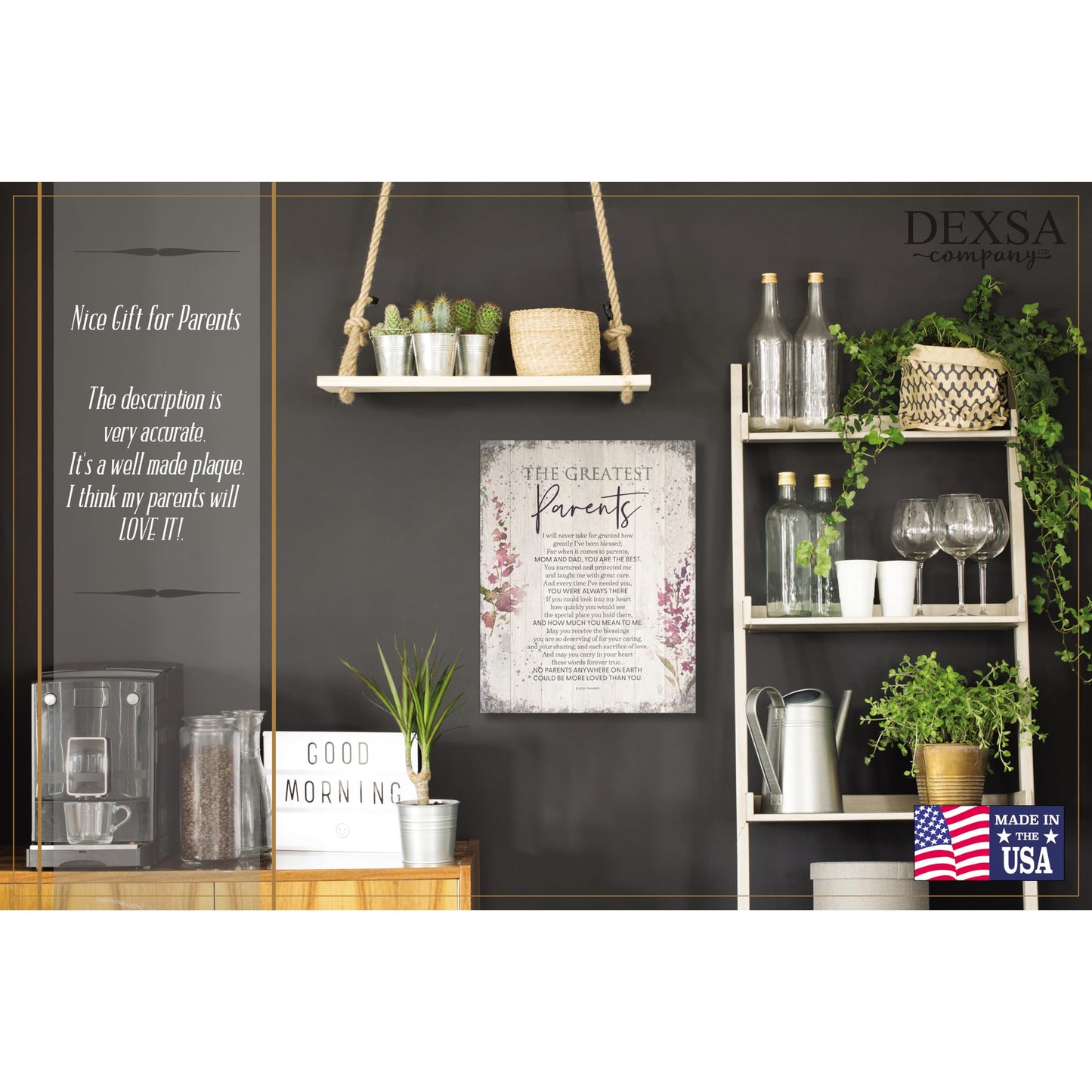 DEXSA Greatest Parents Wood Plaque - Made in the USA - 11.75 in x 15 in - Classy Vertical Frame Wall Hanging Decoration | Mom & Dad, you are the Best | Christian Family Religious Home Decor Saying