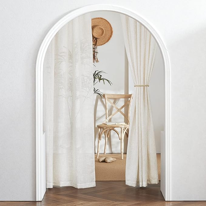 RYB HOME Semi Sheer Curtains - Linen Blend Semi Transparent Privacy Drapes Shabby Chic Light Filtering Extra Long Curtains for Farmhouse Home Office Laundry Room, 52" W x 120" L, 2 Panels, Linen