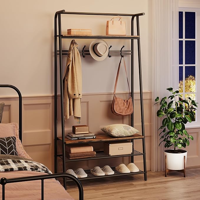 3-in-1 Hall Tree Coat Rack with Bench & Shoe Storage – Sturdy Metal Frame, 5 Hooks, Clothes Rail – Entryway Organizer for Hallway, Mudroom, Front Door – Black & Natural – 80 Single Row Hook
