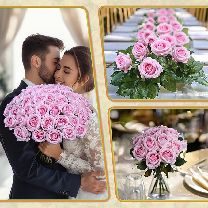 30 PCS Fake Pink Roses, Artificial Flowers Bulk Realistic Silk Faux Rose with Stems for Wedding Decoration Bridal Bouquet Birthday Celebrations DIY Floral Arrangement Home Decor