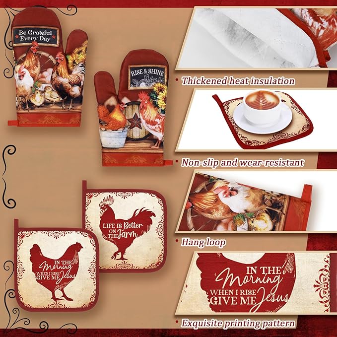 Fourluoo 10 Pcs Rooster Kitchen Set Kitchen Towels and Rugs Oven Mitts and Pot Holders Rooster Decor for Gift Cooking Baking Grilling