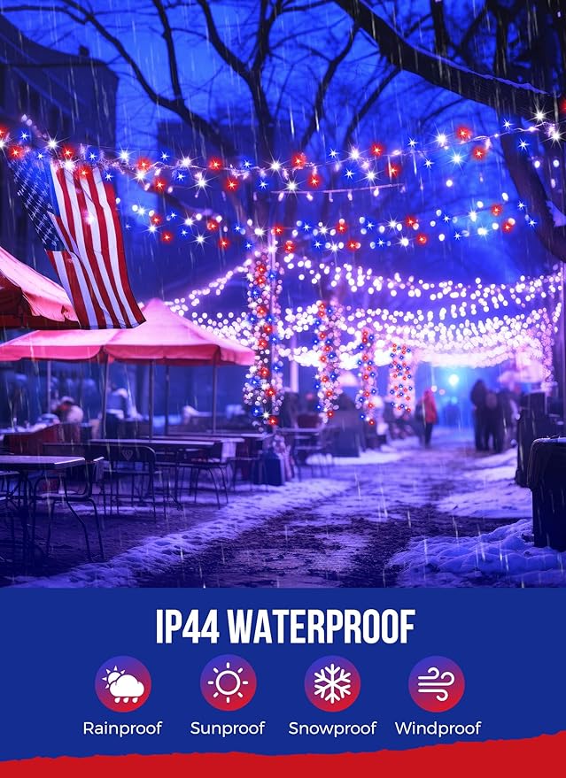 4th of July Decorations Red White and Blue Fairy Lights Battery Operated, 10 Feet 120LEDs Firecracker String Lights with Remote, Twinkle Lights for DIY Wreath Indoor Outdoor Independence Day Decor