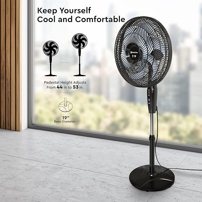 Comfort Zone Smart WiFi Oscillating Stand Fan, 18 inch, 3 Speed, Wall-Mountable, Voice Control, Full-Function Timer, Adjustable Stand up to 53 inches, Tri-Curve Technology to Reduce Noise, CZST180SBK
