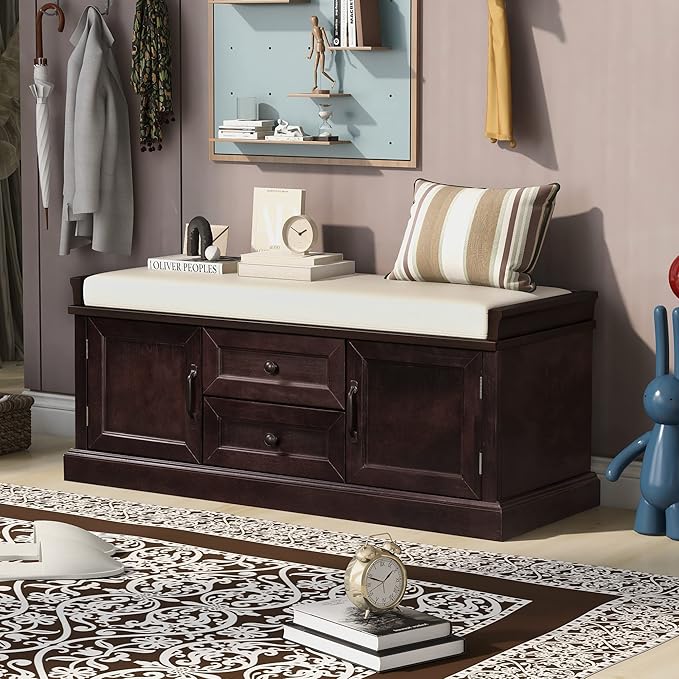 Merax Classic Wood Entryway Bench with Drawers and Seat Cushion for Hallway Front Door Espresso