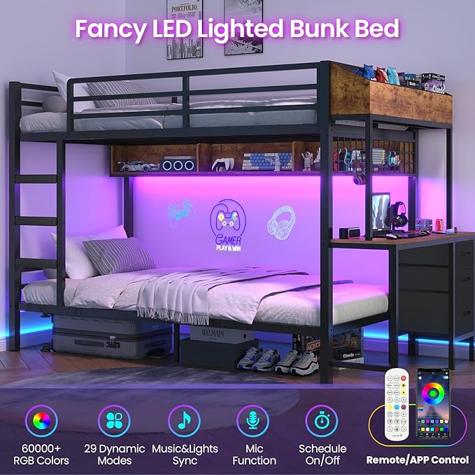 VIAGDO Bunk Bed Twin Over Twin with Charging Station and LED Lights, Heavy Duty Metal Bunk Bed with Desk and 3 Storage Drawers, Utility Storage Shelf and Boxes, No Box Spring Needed, Black