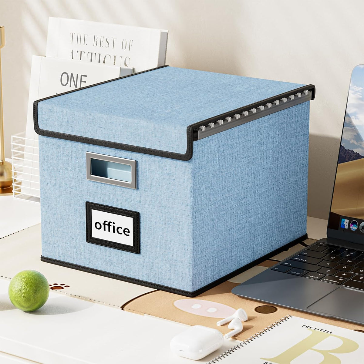 Huolewa Collapsible File Storage Organizer Box with Lid, Hanging File Folders Box Organizer with Plastic Slides, Decorative Home/Office Filing System Boxes for File and Folders Storage - Powderblue