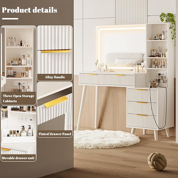 Makeup Vanity Desk with Mirror and Lights, Makeup Vanity with 5 Drawers&Storage Shelves, Vanity Table with Power Outlet, 3 Color Adjustable Lighting Dressing Table Set for Bedroom Ivory