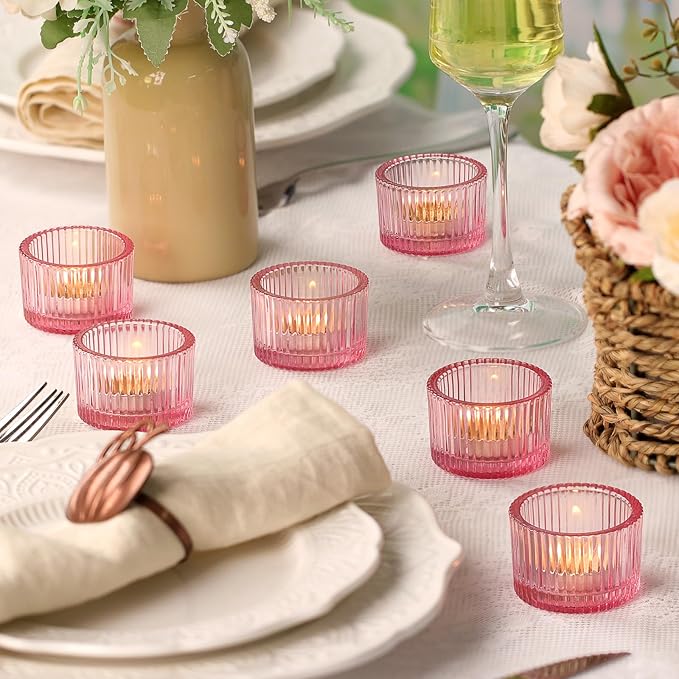 Pink Tealight Candle Holder Set of 12, Small Votive Candle Holders for Table Centerpiece,Glass Tea Light Candles Holder for Party&Home,Wedding Decor(2''Dia*1.4''H)