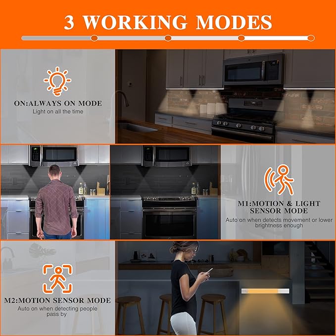 2 Pack Wireless Motion Sensor Under Cabinet Lights with Detachable Rechargeable Battery,98 LED Counter Closet Lighting Strip,3 Dimmable Colors,4-Level Brightness Adjustable,Touch Control & Ultra