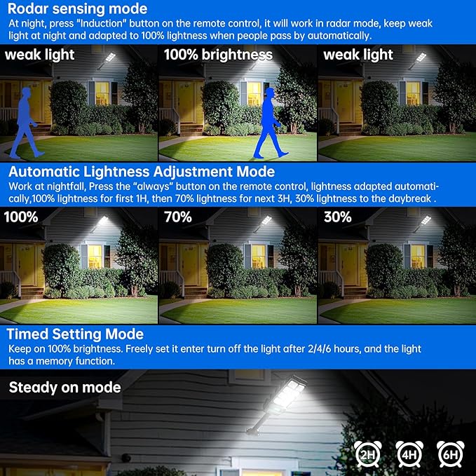 Street Solar Lights Outdoor Heavy Duty - 7500K LED Solar Powered Spot Lights Motion Sensor Waterproof with Remote Control and Pole, Floodlight Dusk to Dawn for Yard，Garden，Pathway，Patio, Parking Lot