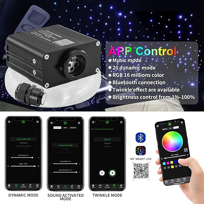 16W Twinkle 550pcs Starlight Headliner Kit, 0.03in/0.75mm 9.8ft/3m Small Size Fiber Optic Car Star Roof Lights with Bluetooth APP/Remote Control
