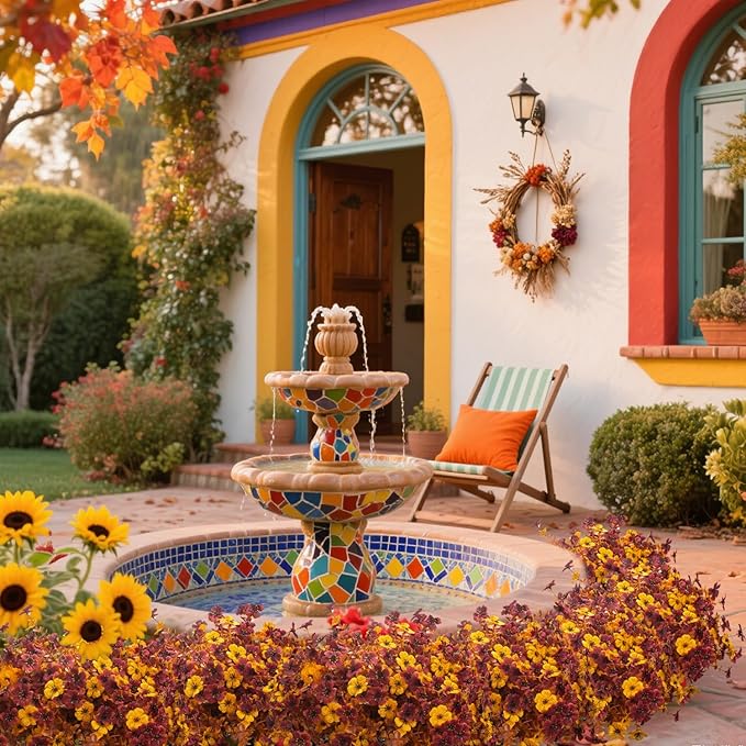 16 Bundles Artificial Fall Mums with Eucalyptus, Faux Daisy UV Resistant Outdoor Decor - Autumn Orange Flowers for Front Door Porch Planter, Patio, Thanksgiving Christmas (Fall Yellow&Red)