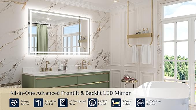 Keonjinn 55" x 36" LED Mirror, Frontlit & Backlit Bathroom Mirror, Oversized, Tempered Glass, Energy-Saving, Anti-Fog, Warm/Neutral/White Lights, Stepless Dimmable, UL-Listed LED Driver