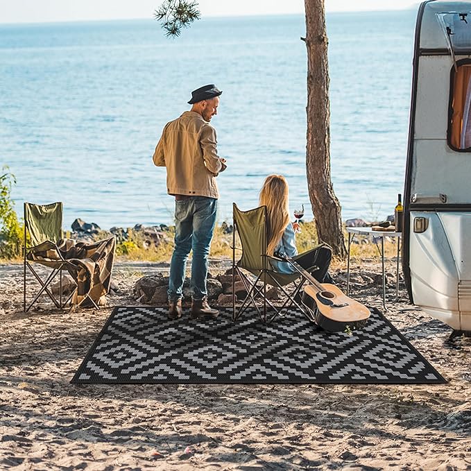 GENIMO Outdoor Rugs 3x5 Waterproof, Reversible Mats, Outdoor Area Rug, Plastic Outside Carpet, Eeometric Rv Mat for Patio Camping Rv Picnic Backyard Deck Balcony Porch Beach Trailer (Black & Grey)