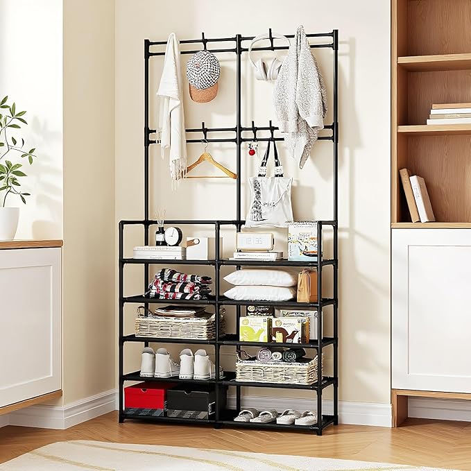 UDEAR 5-Tier Coat and Shoe Rack, Entryway Coat Rack with 8 Hooks, Double Row Shoes Organizer for Living Room, Bedroom, Office, Black
