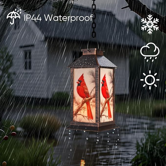 Homemory Hanging Solar Lanterns Outdoor Waterproof, Solar Cardinal Lights with LED Flickering Flameless Candles, Gifts for Women Mom, Outside Lantern Decoration Garden Yard Patio Lawn Porches Park