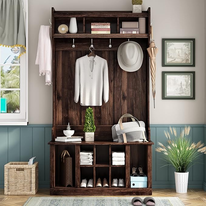 Retro 3-in-1 39.4INCH Hall Tree with 6 Hooks and Coat Hanger,Storage Bench and Open Shelves,for Livingroom Hallway Entryway Mudroom Use (Tiger@Hooks/)
