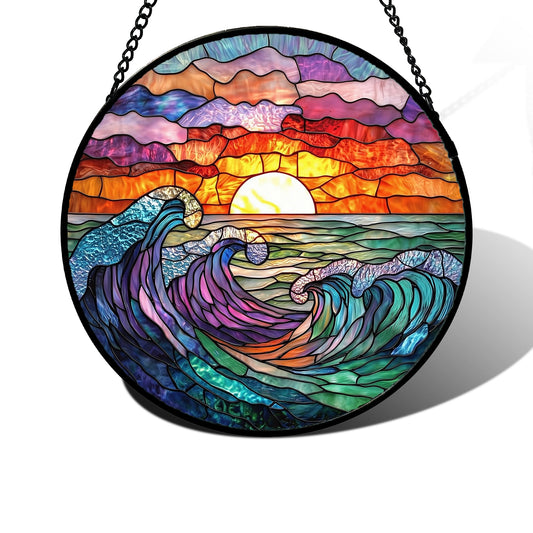 DASTOLL Stained Glass Window Hanging, Clouds and Sea Waves Suncatcher Diamond Glass Panel Hangings Scenery Sun Catchers Decor for Birthday for Women, Men, Wife, Aunt, and Mom 9.8 in