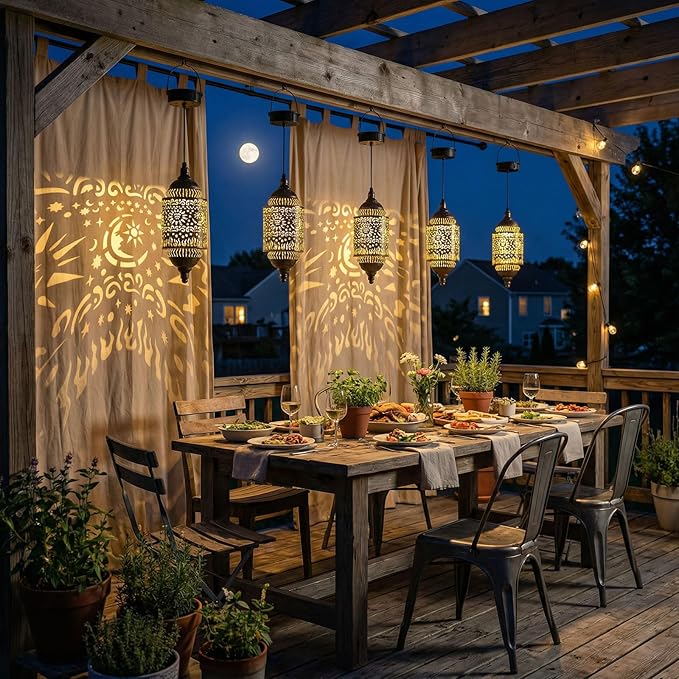 Moroccan Hanging Solar Lights Outdoor Garden Decor Sun and Moon Decorations Solar Lantern Waterproof for Patio Pathway Yard Backyard Garden Decorative (Cylinder, 1)