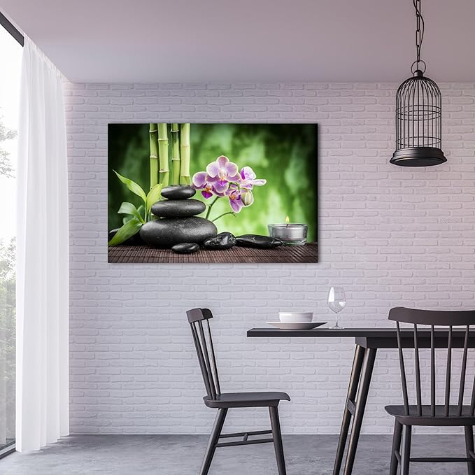 GUTTATY Zen Wall Art Decor, Modern Bathroom Zen Decor Wall Art, Canvas Wall Art for SPA Zen Room Decor, Green Bamboo and Pebble Relaxing Art Prints for Office & SPA Wall Decor 24x36 Inches