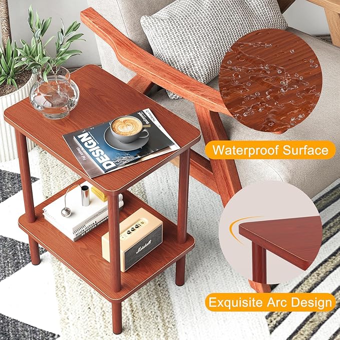 Apicizon 2 Tier End Table, Small Side Table with Solid Wood Legs, Boho Bedside Table with Storage Shelf, Nightstand for Small Spaces, Bedroom, Living Room, Entryway, Easy Assembly, Vintage Brown