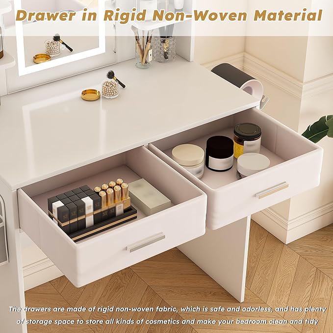 Small Makeup Vanity Desk with Mirror and Lights, Vanity Table Set with 2 Storage Drawer & Open Shelves, 3 Lighting Colors, Adjustable Brightness Makeup Vanity, White