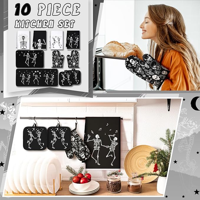 Fourluoo 10 Pcs Skeleton Kitchen Set Kitchen Towels and Rugs Oven Mitts and Pot Holders Gothic Decor and Accessories for Gift Cooking Baking Grilling