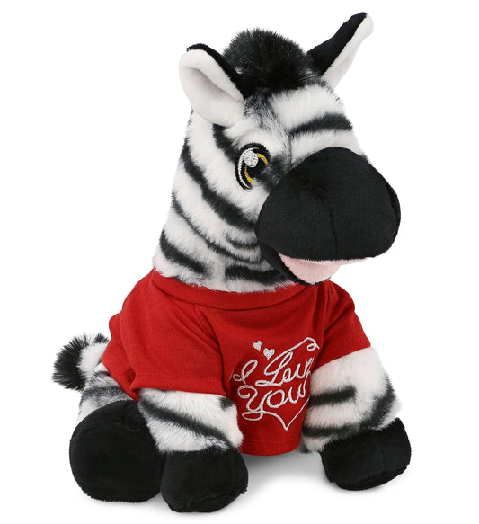 DolliBu I Love You Valentine Plush Zebra - Cute Stuffed Animal with Red Shirt and Name Personalization Gift for Valentines Day, Birthday, Anniversary, Romantic Date - 9 Inches
