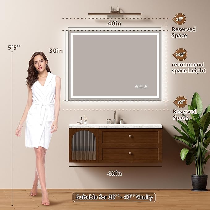 40x30 Inch LED Lighted Bathroom Mirror - Anti-Fog Vanity Mirror with Dimmable Front & Backlit, 3 Color Temp, Smart Memory - Shatterproof HD Glass, IP54 Waterproof Wall Mounted for Makeup Shaving